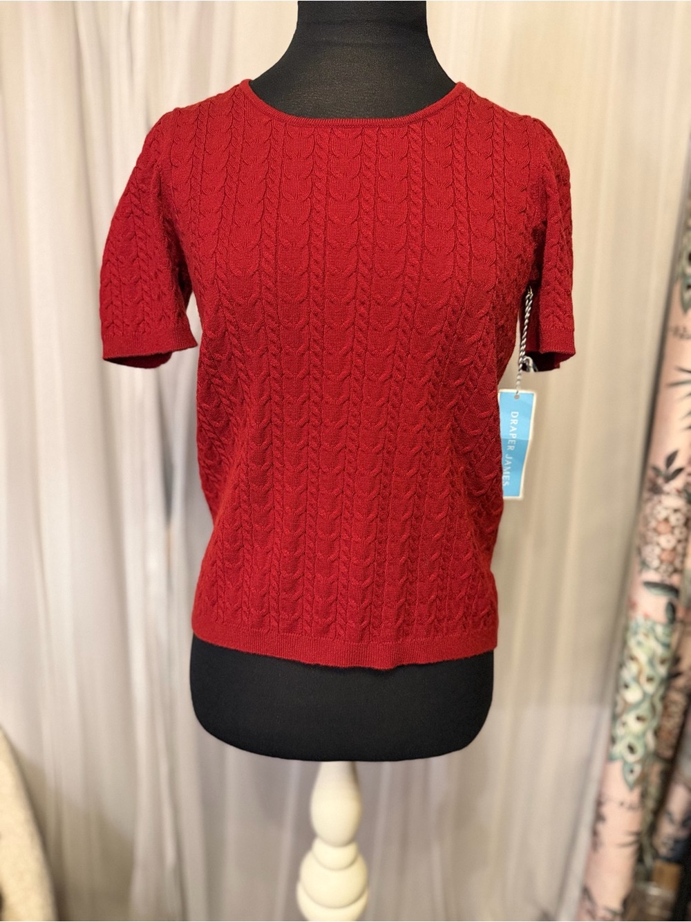 Draper James Mixed Cable Sweater XS Dark Red NWT Short Sleeve Knit